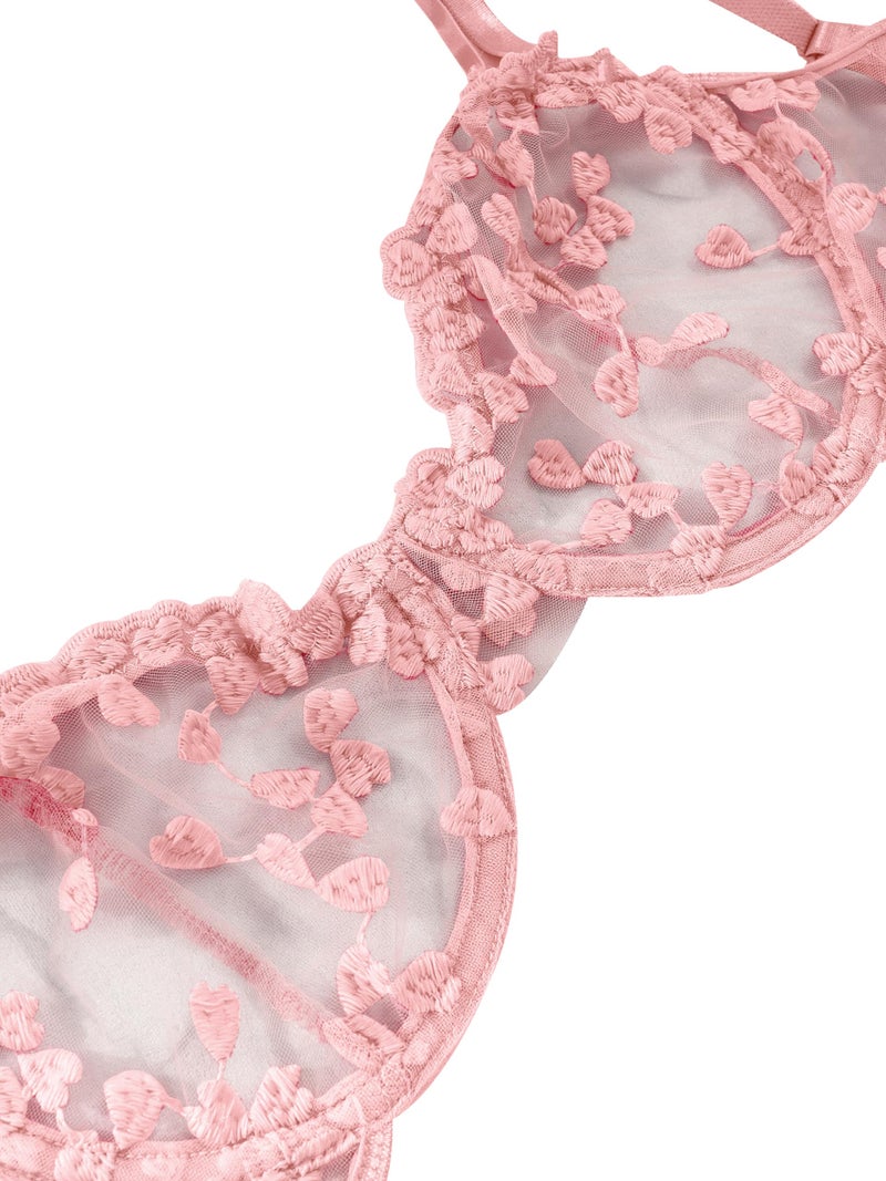 Lilosy Sexy Cute Underwire Push Up Strappy Heart Embroidered Mesh Sheer Lingerie Set for Women Bachelorette See Through Bra and Panty 2 Piece Pink Small - Image 4