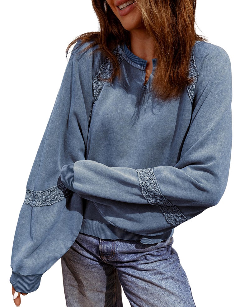 SELINK Womens Cropped Sweatshirts Lace Crochet Vintage Long Sleeve Tops Cute Notch Neck Pullover Fall Outfits Blue-XL - Image 1