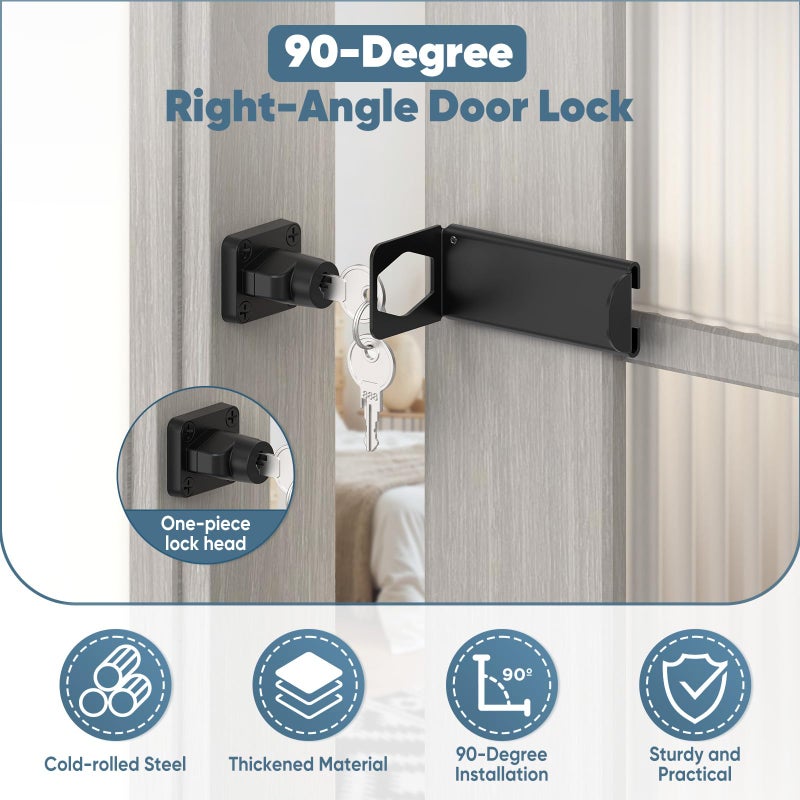 YogePote 90 Degree Right Angle Door Locks, 3.3 Inch Thickened Sliding Hasp Latch for Inward Opening/Closet/Shed/Barn Door, Cabinet - Heavy Duty Latch for Home Security (Black, 3.3In with Key-1PC) - Image 3