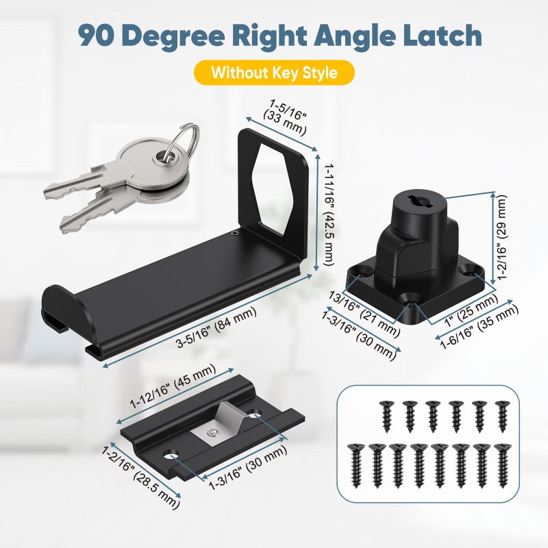 YogePote 90 Degree Right Angle Door Locks, 3.3 Inch Thickened Sliding Hasp Latch for Inward Opening/Closet/Shed/Barn Door, Cabinet - Heavy Duty Latch for Home Security (Black, 3.3In with Key-1PC) - Image 2