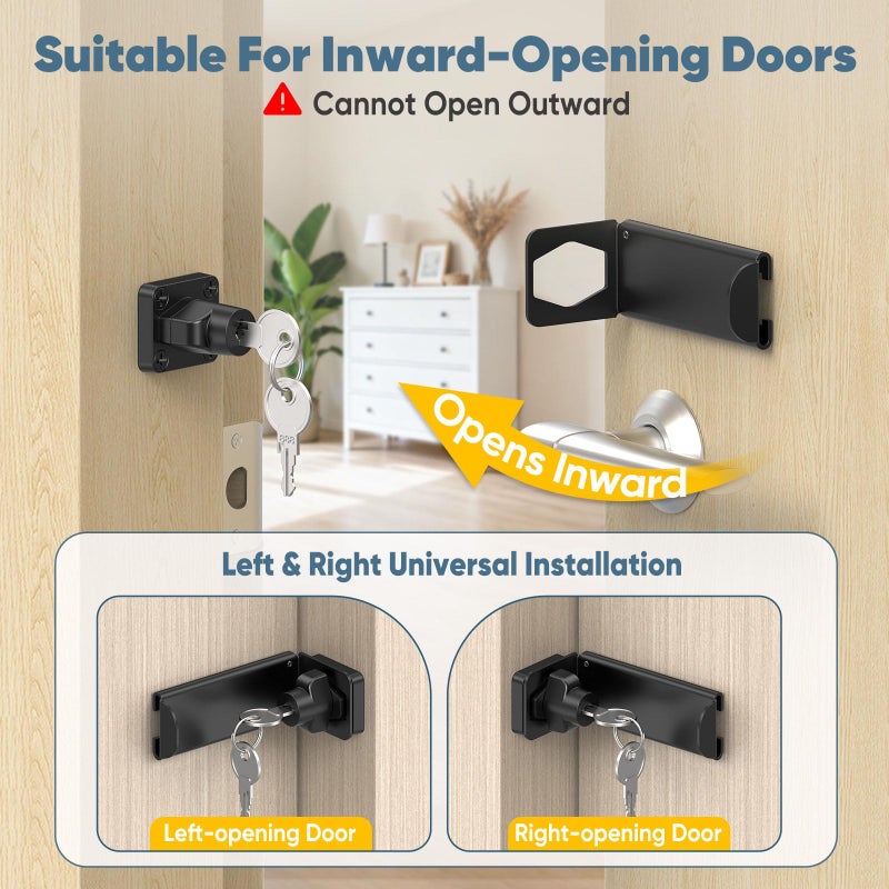 YogePote 90 Degree Right Angle Door Locks, 3.3 Inch Thickened Sliding Hasp Latch for Inward Opening/Closet/Shed/Barn Door, Cabinet - Heavy Duty Latch for Home Security (Black, 3.3In with Key-1PC) - Image 5