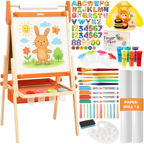 Belleur AllinOne Art Easel for Kids Adjustable Double Sided Easel for Toddlers with Magnetic Whiteboard DryErase Chalk Board Paper Roll Child Painting Easel for Kid 28 Birthday GiftOrange - Image 1