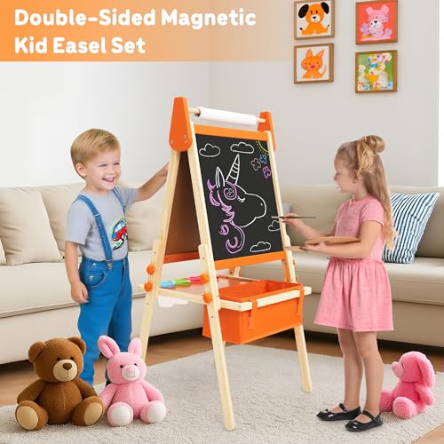 Belleur AllinOne Art Easel for Kids Adjustable Double Sided Easel for Toddlers with Magnetic Whiteboard DryErase Chalk Board Paper Roll Child Painting Easel for Kid 28 Birthday GiftOrange - Image 5