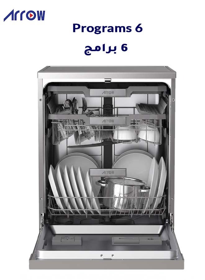 ارو Arrow Dishwasher, 15 place settings, 6 Programs, LED Display, Quiet Operations, Automatic Door Open, Child Lock, Stainless Steel Interior, Dual Zone Wash,| Model: RO-15DWGS - Image 5