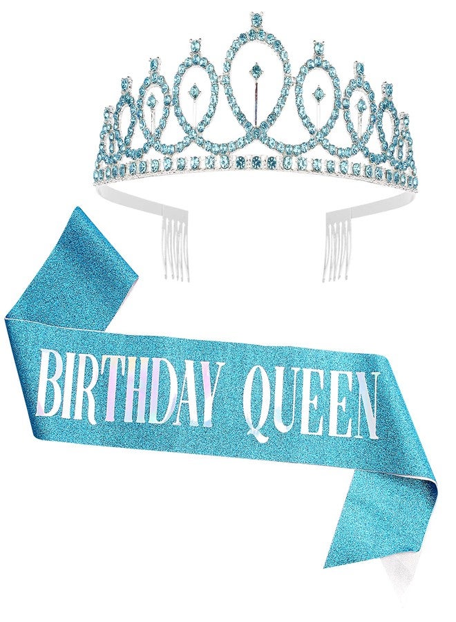 CIEHER Birthday Crown,Birthday Queen Sash & Rhinestone Tiara Kit for Women Girls,Tiaras and Crowns for Women,Blue Queen Crown,Princess Elegant Crown with Combs,Birthday Party Decorations - Image 1