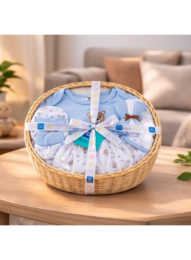 Mee Mee New Born Basket Baby Gift Set | Soft Cotton Clothing Essentials for Infants/Baby Girls, Boys | Baby Shower Clothing Hamper | 8 Pieces | (Round, Blue) - Image 1