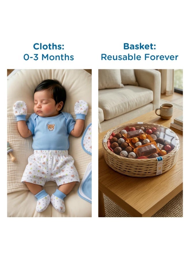 Mee Mee New Born Basket Baby Gift Set | Soft Cotton Clothing Essentials for Infants/Baby Girls, Boys | Baby Shower Clothing Hamper | 8 Pieces | (Round, Blue) - Image 3