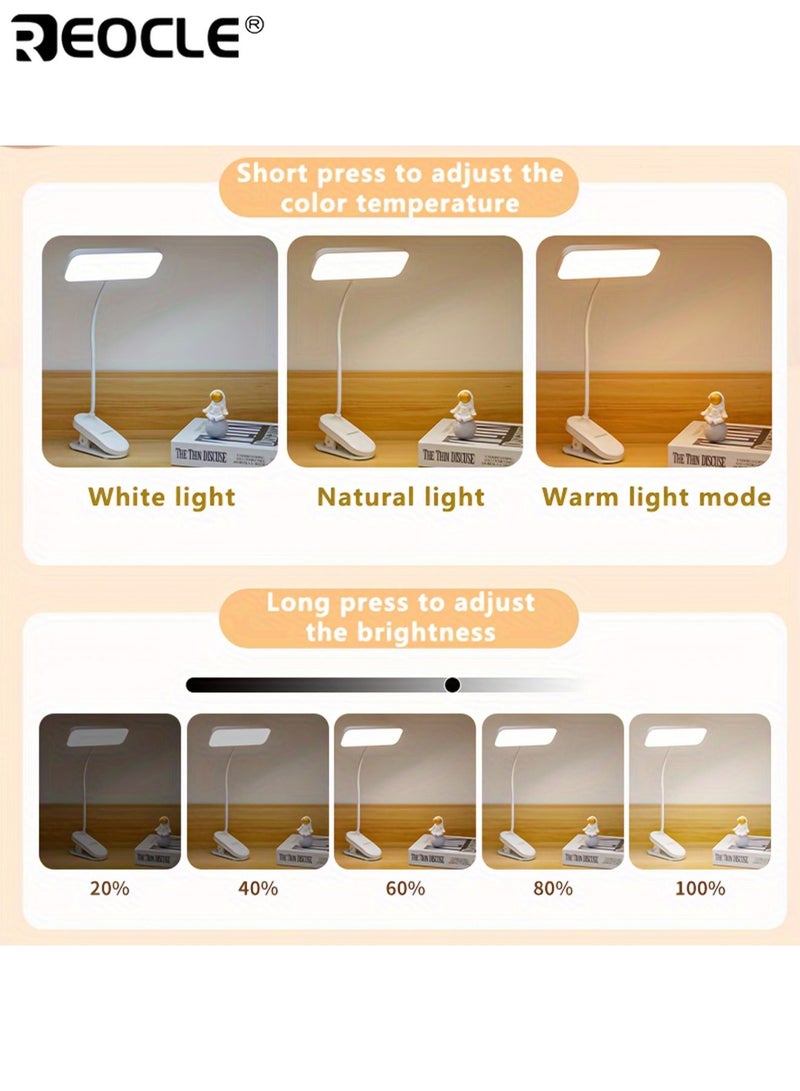 REOCLE 3-Level Adjustable LED Clip-on Desk Lamp with Touch Control 360°Rotatable Goose Neck Phone Holder Base Rechargeable Battery Light for Studying Reading and Indoor Use - Image 4