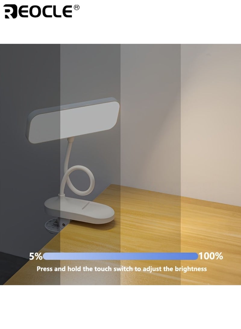 REOCLE 3-Level Adjustable LED Clip-on Desk Lamp with Touch Control 360°Rotatable Goose Neck Phone Holder Base Rechargeable Battery Light for Studying Reading and Indoor Use - Image 3