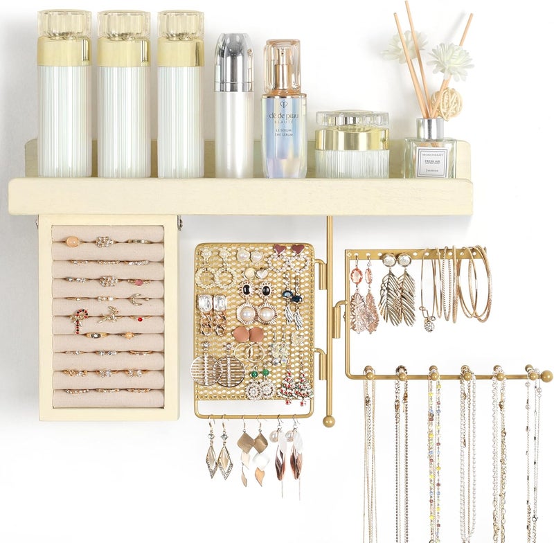 SOLIMINTR Hanging Jewelry Organizer Wall Mount with Rustic Wood Shelf, Ring Display Box, Ear Studs Earring Holder, Rotating Necklace Holder Organizer Gold - Image 1
