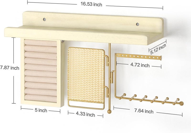 SOLIMINTR Hanging Jewelry Organizer Wall Mount with Rustic Wood Shelf, Ring Display Box, Ear Studs Earring Holder, Rotating Necklace Holder Organizer Gold - Image 5