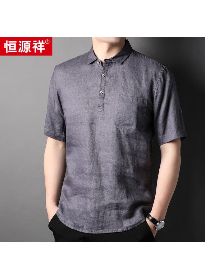 100% Linen Short Sleeve Men'S Polo Shirt Chinese Style Summer Thin Breathable Dark Gray 2Xl