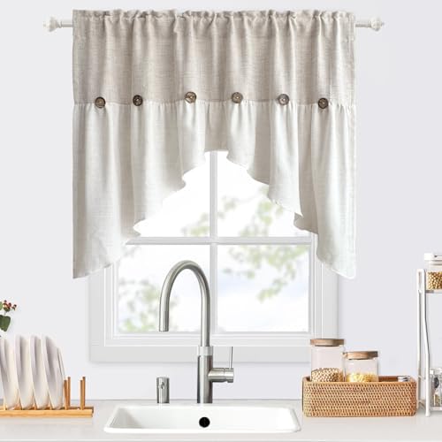 AiFMQQ Farmhouse Boho Linen Button Arched Valance Curtains for Kitchen Window Dining Room Cafe Valance for Small Windows Bathroom Macrame Valances Rod Pocket 1 Panel (Beige Arched, W52 L35 inch) - Image 4