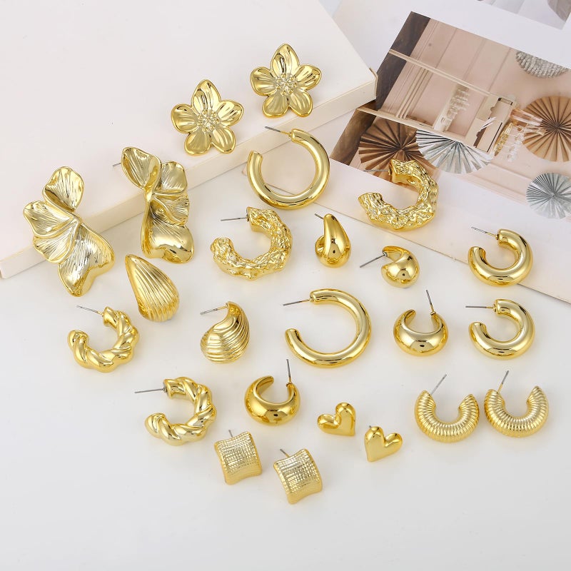 AIDSOTOU 12Pairs Chunky Gold Earrings Jewelry for Women Hypoallergenic Thick Open Twisted Huggie Hoop Earrings Set Trendy Flower Leaf Statement Gold Dangle Earrings - Image 5
