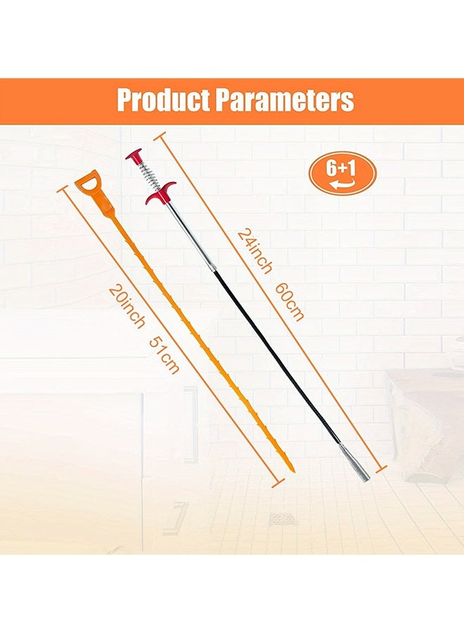 HS 24Inch Drain Clog Remover(1PCS), 20Inch Drain Snake Hair Remover(6PCS) ＆ Cleaning Brush(1PCS), Hair Catcher Drain Auger Cleaner Tool Set For Toilet, Kitchen Sink, Bathroom Tub, Sewer, 8 Packs - Image 2