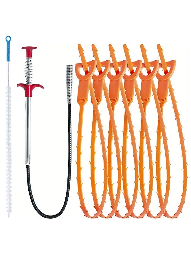 HS 24Inch Drain Clog Remover(1PCS), 20Inch Drain Snake Hair Remover(6PCS) ＆ Cleaning Brush(1PCS), Hair Catcher Drain Auger Cleaner Tool Set For Toilet, Kitchen Sink, Bathroom Tub, Sewer, 8 Packs - Image 1