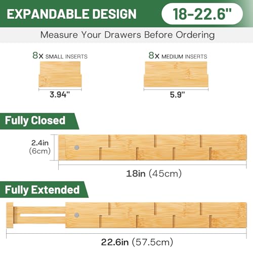 kiplant Bamboo Drawer Dividers - Adjustable Drawer Dividers for Clothes, Kitchen, Closet & Office - 8 Pack with Inserts, 18-22.6 Inches, Non-Slip Silicone Ends - Image 2