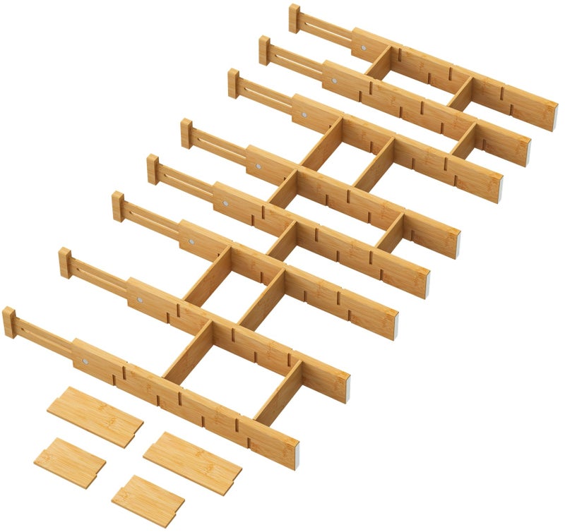 kiplant Bamboo Drawer Dividers - Adjustable Drawer Dividers for Clothes, Kitchen, Closet & Office - 8 Pack with Inserts, 18-22.6 Inches, Non-Slip Silicone Ends - Image 1