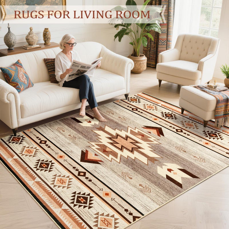 B BENRON Western Rugs for Living Room, Non Slip Rustic Rug for Bedroom Dining Table Kitchen, Washable Aesthetic Area Rugs for Home Decor, 5ft x 7ft, Warm Beige - Image 2