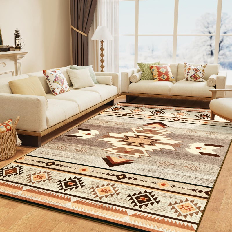 B BENRON Western Rugs for Living Room, Non Slip Rustic Rug for Bedroom Dining Table Kitchen, Washable Aesthetic Area Rugs for Home Decor, 5ft x 7ft, Warm Beige - Image 1