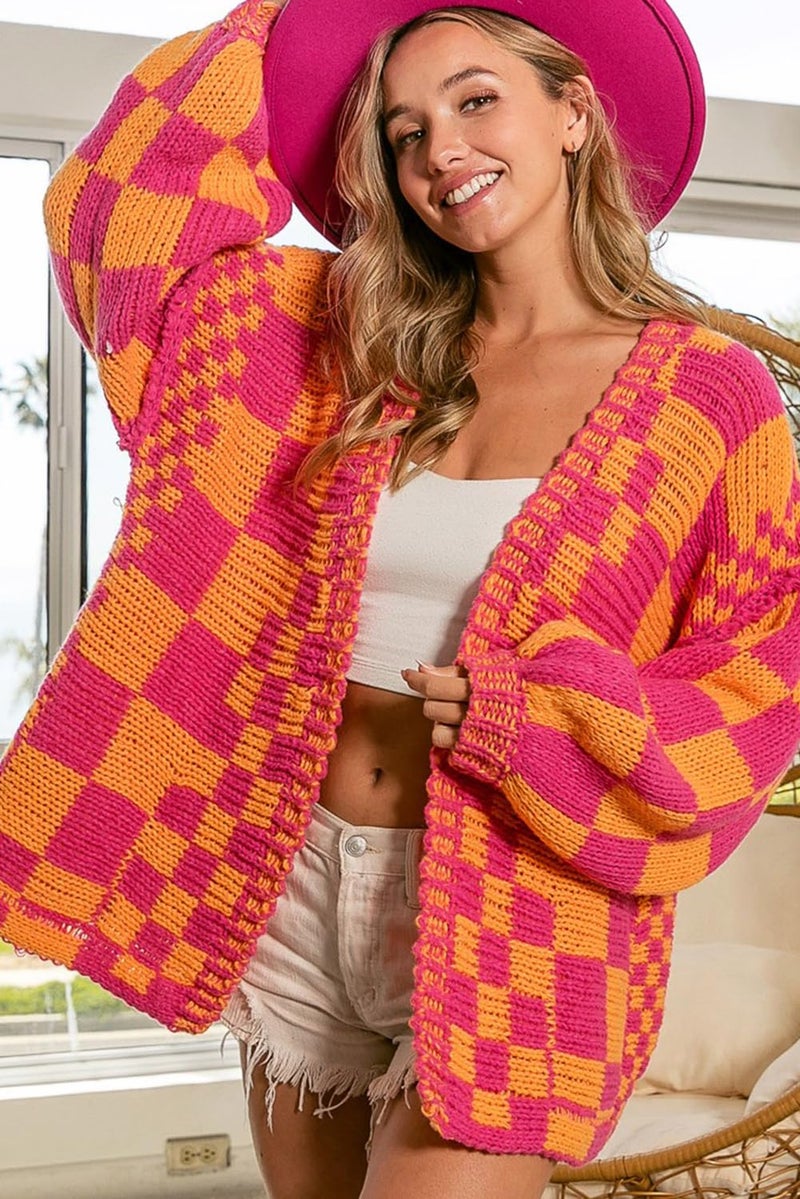 SELINK Women's Cardigan Sweater Vintage Multicolor Open Front Mixed Checkered Pattern Chunky Knit Plaid Long Sleeve Daily Outwear L - Image 4