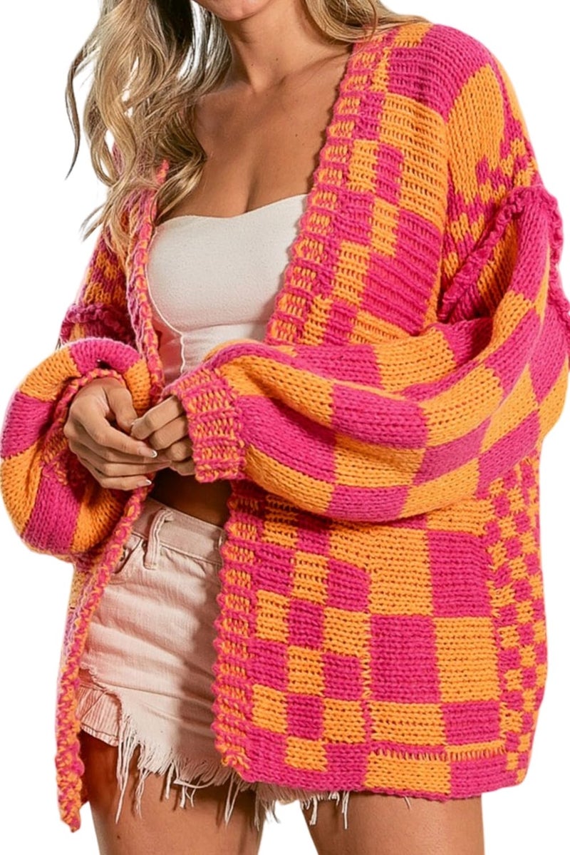 SELINK Women's Cardigan Sweater Vintage Multicolor Open Front Mixed Checkered Pattern Chunky Knit Plaid Long Sleeve Daily Outwear L - Image 1