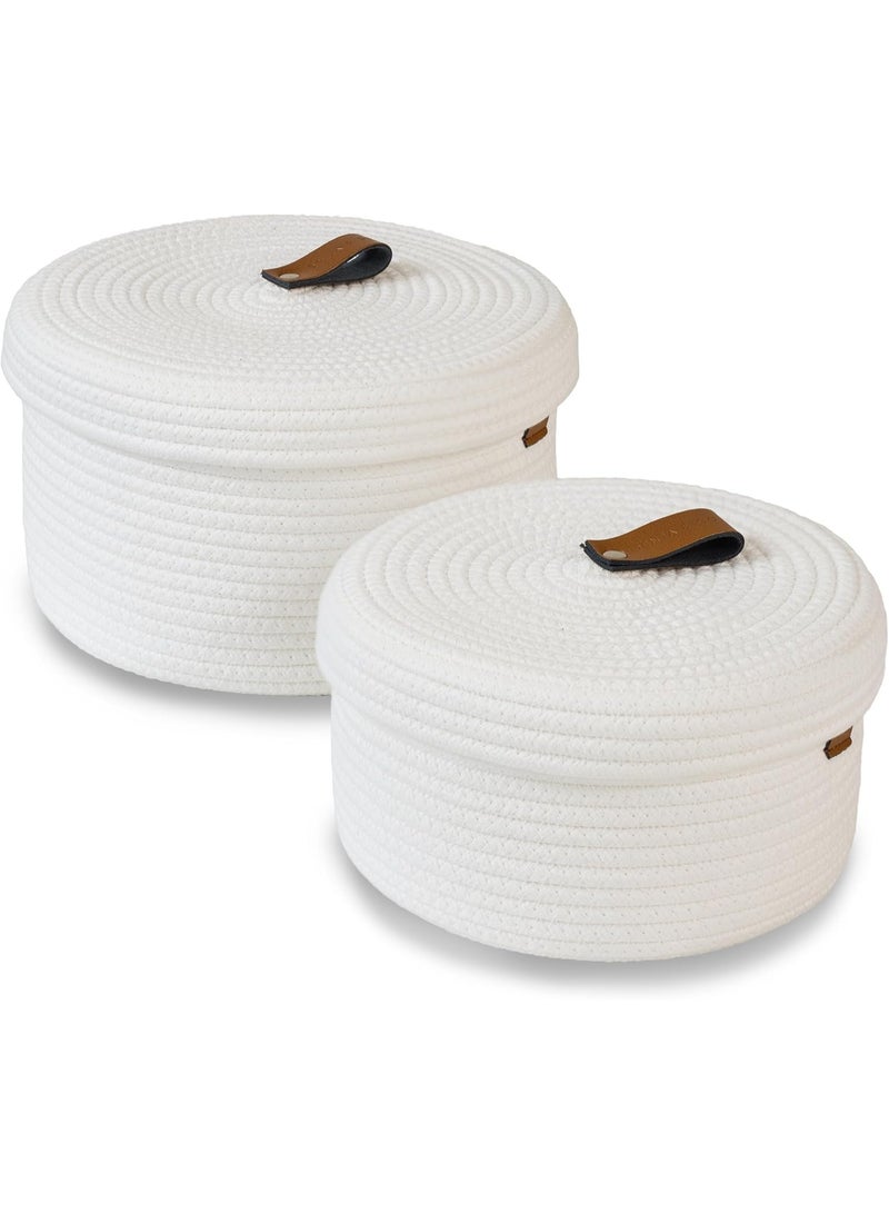 Arabest 2 PCS Round Cotton Rope Storage Basket with Lid, Decorative Woven Storage Containers Washable Organizer Box Container for Snacks, Towels, Plants, Leather Handle Design(White) - Image 1