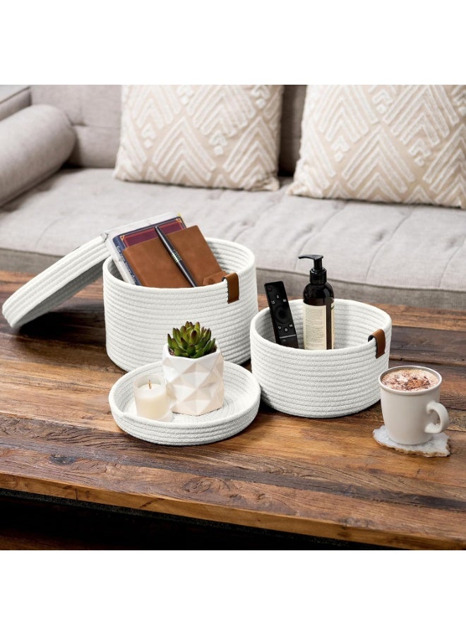 Arabest 2 PCS Round Cotton Rope Storage Basket with Lid, Decorative Woven Storage Containers Washable Organizer Box Container for Snacks, Towels, Plants, Leather Handle Design(White) - Image 2