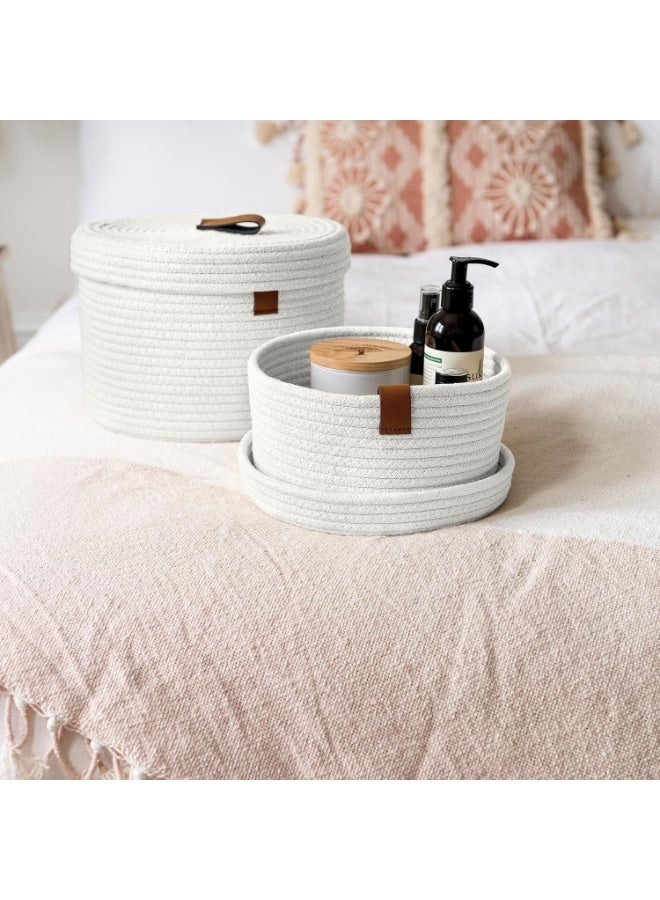 Arabest 2 PCS Round Cotton Rope Storage Basket with Lid, Decorative Woven Storage Containers Washable Organizer Box Container for Snacks, Towels, Plants, Leather Handle Design(White) - Image 5