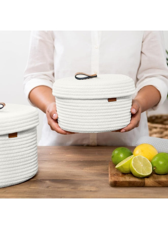 Arabest 2 PCS Round Cotton Rope Storage Basket with Lid, Decorative Woven Storage Containers Washable Organizer Box Container for Snacks, Towels, Plants, Leather Handle Design(White) - Image 4