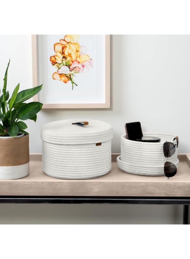 Arabest 2 PCS Round Cotton Rope Storage Basket with Lid, Decorative Woven Storage Containers Washable Organizer Box Container for Snacks, Towels, Plants, Leather Handle Design(White) - Image 3
