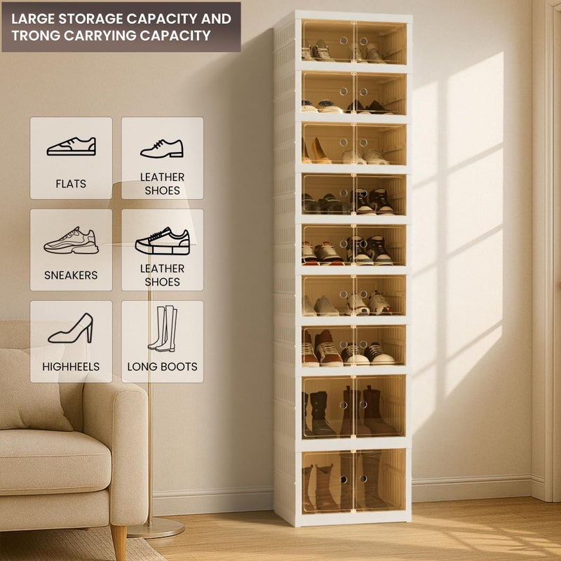 Tykacna Foldable Shoe Organizer Storage Box, Portable Extra Large Folding Shoe Rack for Closet, Shoe Storage Box with Magnetic Transparent Door and Wheels, 9 Layers 18 Grids with 4 Big Grids - Image 5
