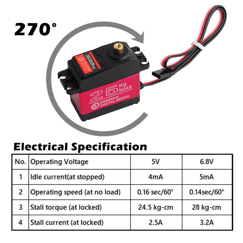 Wishiot DS3225MG 25Kg RC Digital Servo Full Metal Gear with 270 Degree PWM Control for DIY Baja Car Crawlers Truck RC Robotic Arm (Pack of 2) - Image 4