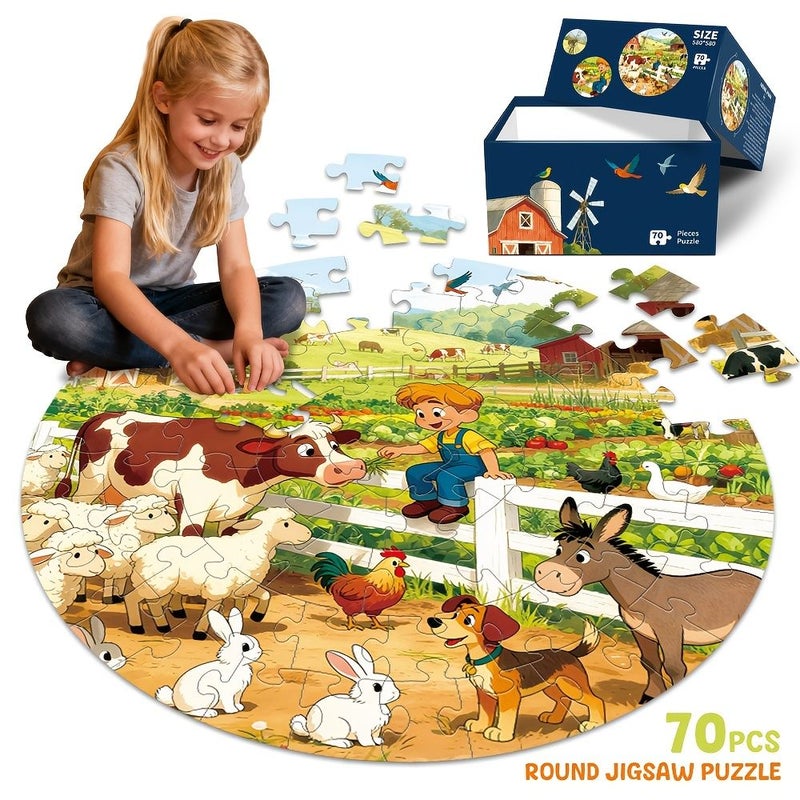 1 Box 70 Pieces Farm Animals Floor Puzzle for Kids 22.8 Inch Large Round Jigsaw Blue Cardboard Making Puzzle with Premium Poster Paper Cognitive Education Toys Gift for Boys Girls 3+ - Image 1