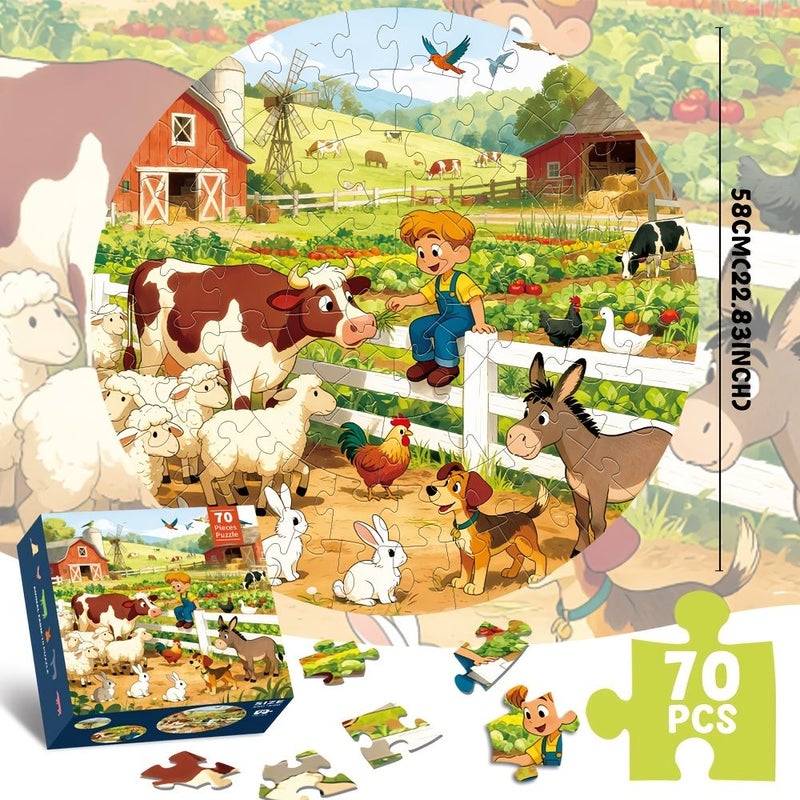 1 Box 70 Pieces Farm Animals Floor Puzzle for Kids 22.8 Inch Large Round Jigsaw Blue Cardboard Making Puzzle with Premium Poster Paper Cognitive Education Toys Gift for Boys Girls 3+ - Image 2