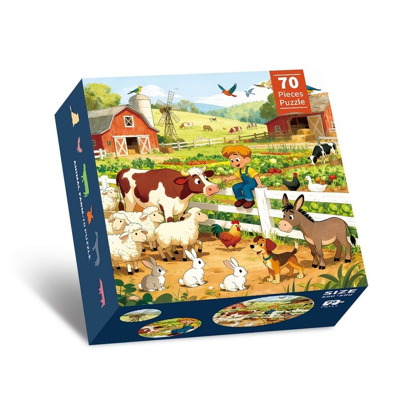 1 Box 70 Pieces Farm Animals Floor Puzzle for Kids 22.8 Inch Large Round Jigsaw Blue Cardboard Making Puzzle with Premium Poster Paper Cognitive Education Toys Gift for Boys Girls 3+ - Image 3
