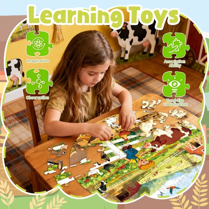 1 Box 70 Pieces Farm Animals Floor Puzzle for Kids 22.8 Inch Large Round Jigsaw Blue Cardboard Making Puzzle with Premium Poster Paper Cognitive Education Toys Gift for Boys Girls 3+ - Image 5