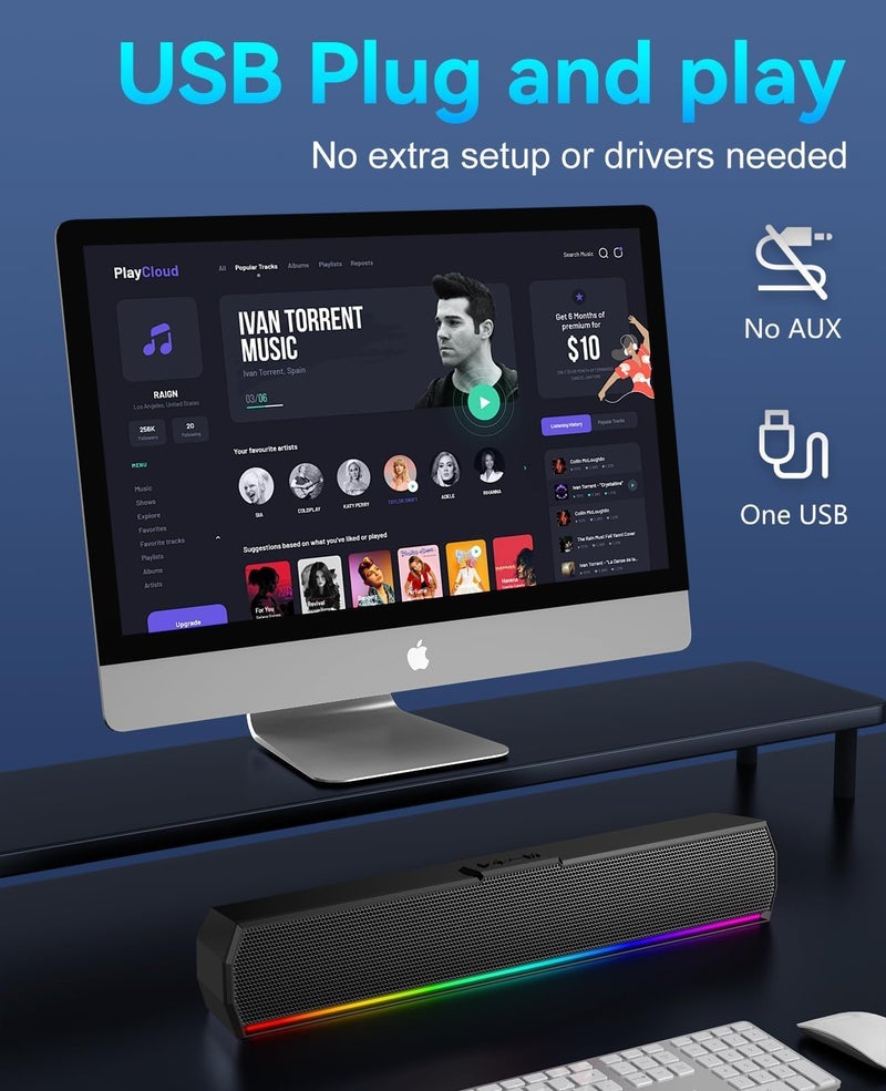 Kunodi USB Computer Speakers for Desktop Monitor, PC Speakers with Stereo Sound, Colorful Light Modes, Plug & Play, USB C Powered for Computer Laptop Monitor Tablet Work - Image 3