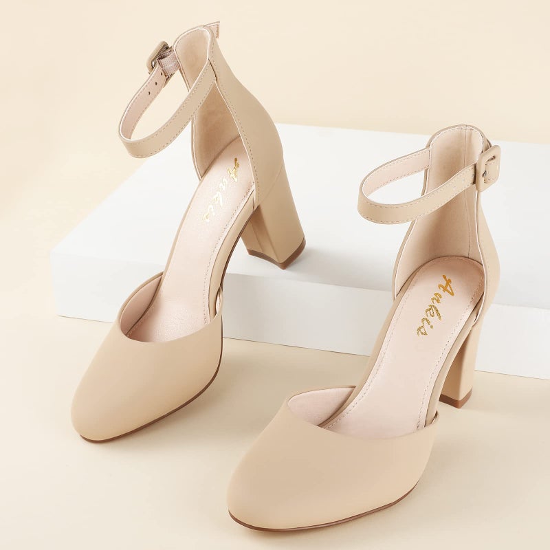 Ankis Closed Toe Heels for Women -Nude Womens Heels Closed Toe Chunky Block Pumps Shoes, 3 Inch - Image 3
