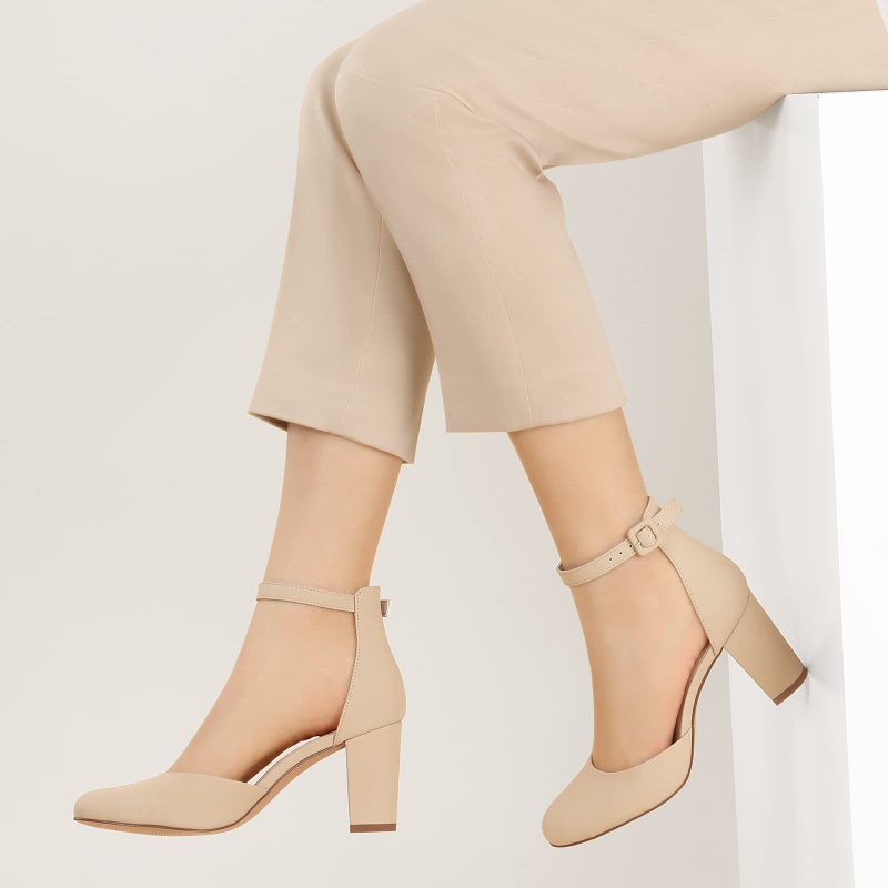 Ankis Closed Toe Heels for Women -Nude Womens Heels Closed Toe Chunky Block Pumps Shoes, 3 Inch - Image 2