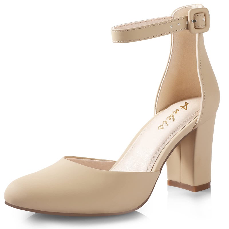 Ankis Closed Toe Heels for Women -Nude Womens Heels Closed Toe Chunky Block Pumps Shoes, 3 Inch - Image 1