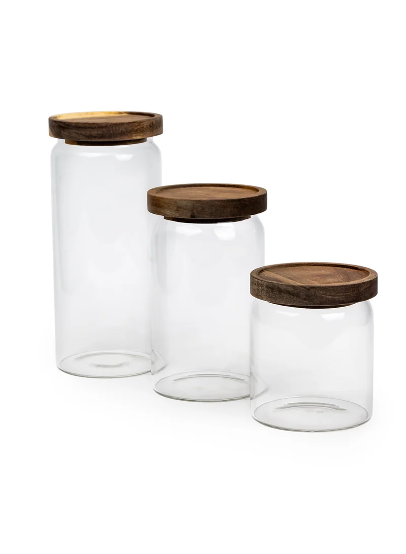 Cuisine Art Round Glass Storage Jars with Acacia Wood Lids Set of 3 Transparent Borosilicate Airtight Glass Container, Stackable for Storing Kitchen Food, Grains, Coffee Beans, Tea 500+750+1000ml