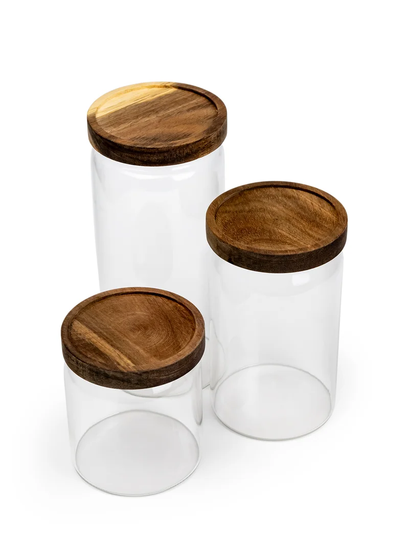 Cuisine Art Round Glass Storage Jars with Acacia Wood Lids Set of 3 Transparent Borosilicate Airtight Glass Container, Stackable for Storing Kitchen Food, Grains, Coffee Beans, Tea 500+750+1000ml