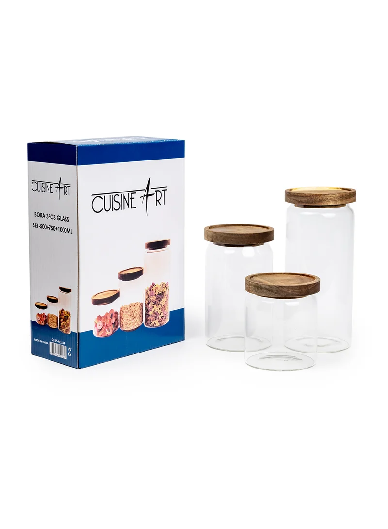 Cuisine Art Round Glass Storage Jars with Acacia Wood Lids Set of 3 Transparent Borosilicate Airtight Glass Container, Stackable for Storing Kitchen Food, Grains, Coffee Beans, Tea 500+750+1000ml