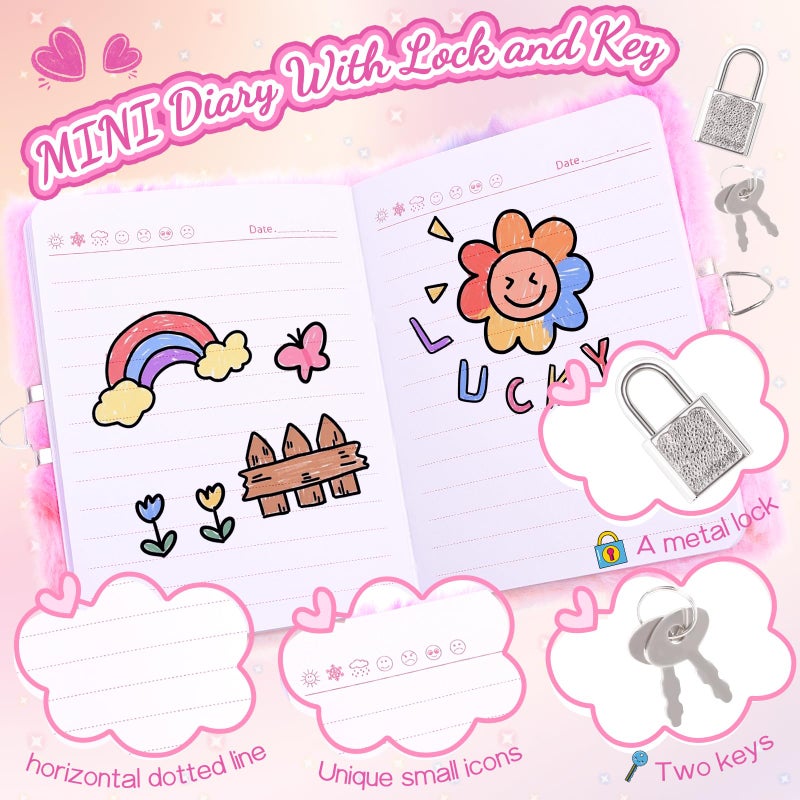 PrinBarBee MINI Heart Diary for Girls with Lock and Keys, 4.7x6.1in Cute Plush Diary Secret Diary, Writing Journal Lined Pages Notebook Sequined Design Birthday Gift Set for Kids ages 6-8 - Image 3