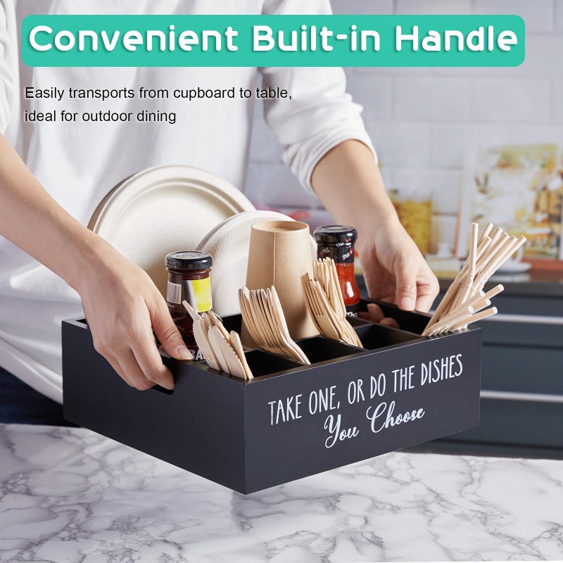 ALELION Paper Plate Dispenser for Countertop - Wooden Utensil Holder Organizer for Party - Silverware Caddy for Plate, Cup, Fork, Spoon - Cutlery Holder with Handles for Kitchen Camping Buffet - Image 2