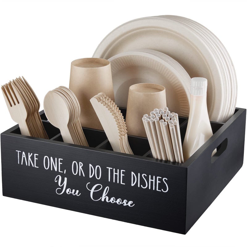 ALELION Paper Plate Dispenser for Countertop - Wooden Utensil Holder Organizer for Party - Silverware Caddy for Plate, Cup, Fork, Spoon - Cutlery Holder with Handles for Kitchen Camping Buffet - Image 1