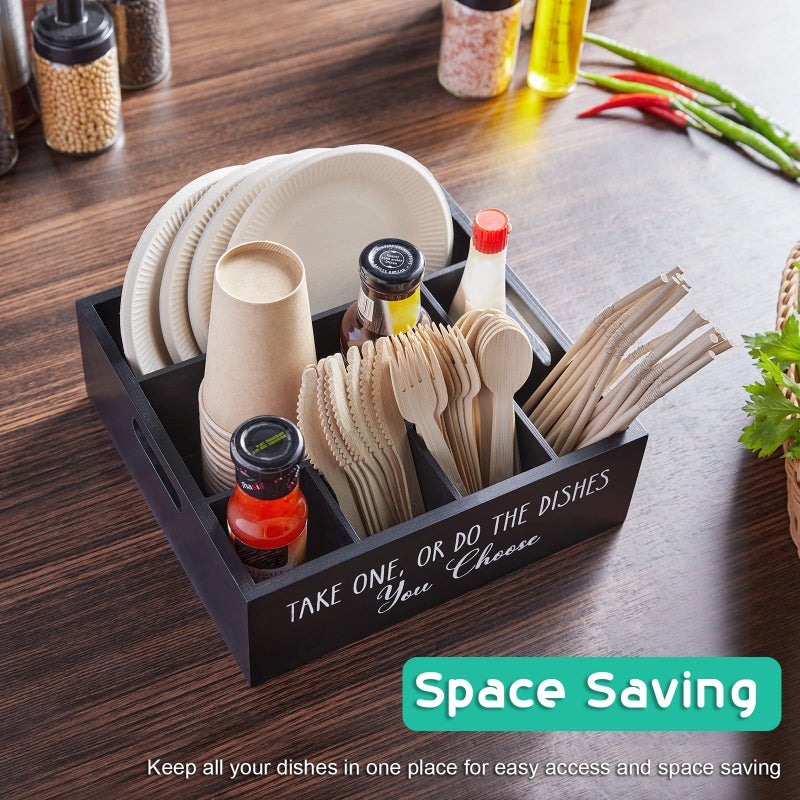 ALELION Paper Plate Dispenser for Countertop - Wooden Utensil Holder Organizer for Party - Silverware Caddy for Plate, Cup, Fork, Spoon - Cutlery Holder with Handles for Kitchen Camping Buffet - Image 5