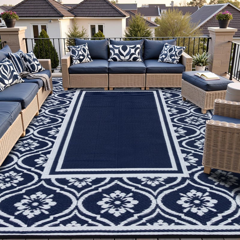 HUGEAR Outdoor Rug 8x10 Patio Camping Carpet Waterproof Mat Blue Outside Plastic Area Rug Reversible Rugs for RV Deck Entryance Porch Picnic Balcony Beach8x10ft Navy BlueWhite