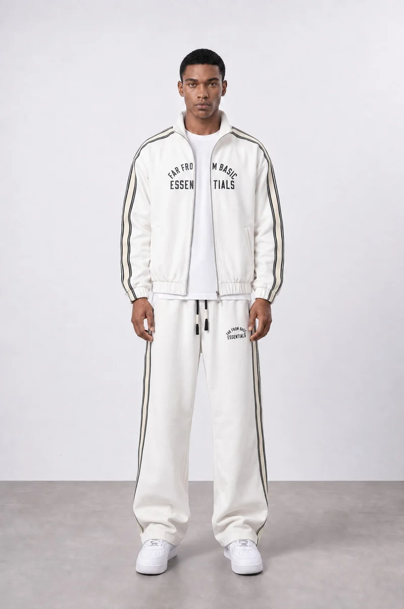 Respire Men's Essentials Doubleface Tracksuit with Stripe Detail, Ecru